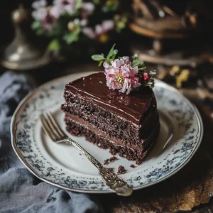 A beautifully crafted Sacher Torte with a dark, glossy chocolate glaze, apricot jam layer, and rich chocolate sponge cake, served on a white plate with a side of fluffy whipped cream.