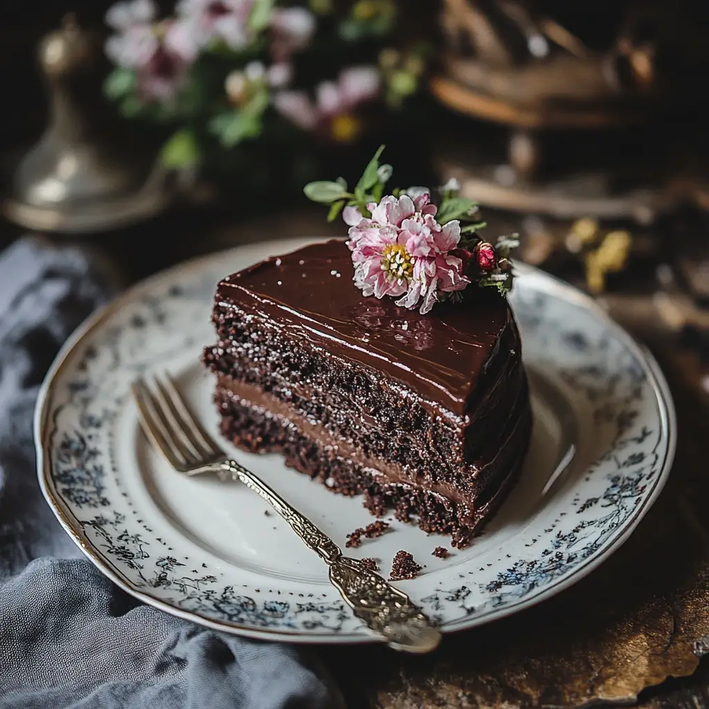 A beautifully crafted Sacher Torte with a dark, glossy chocolate glaze, apricot jam layer, and rich chocolate sponge cake, served on a white plate with a side of fluffy whipped cream.