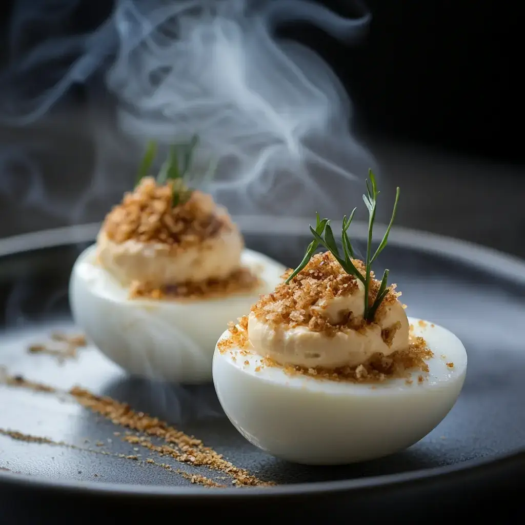 A wooden board filled with smoked deviled eggs, bacon-wrapped variations, and pickles on the side.