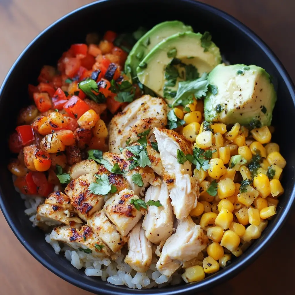 A delicious bowl filled with seasoned grilled chicken, roasted street corn, fluffy rice, and fresh toppings, drizzled with a creamy sauce.