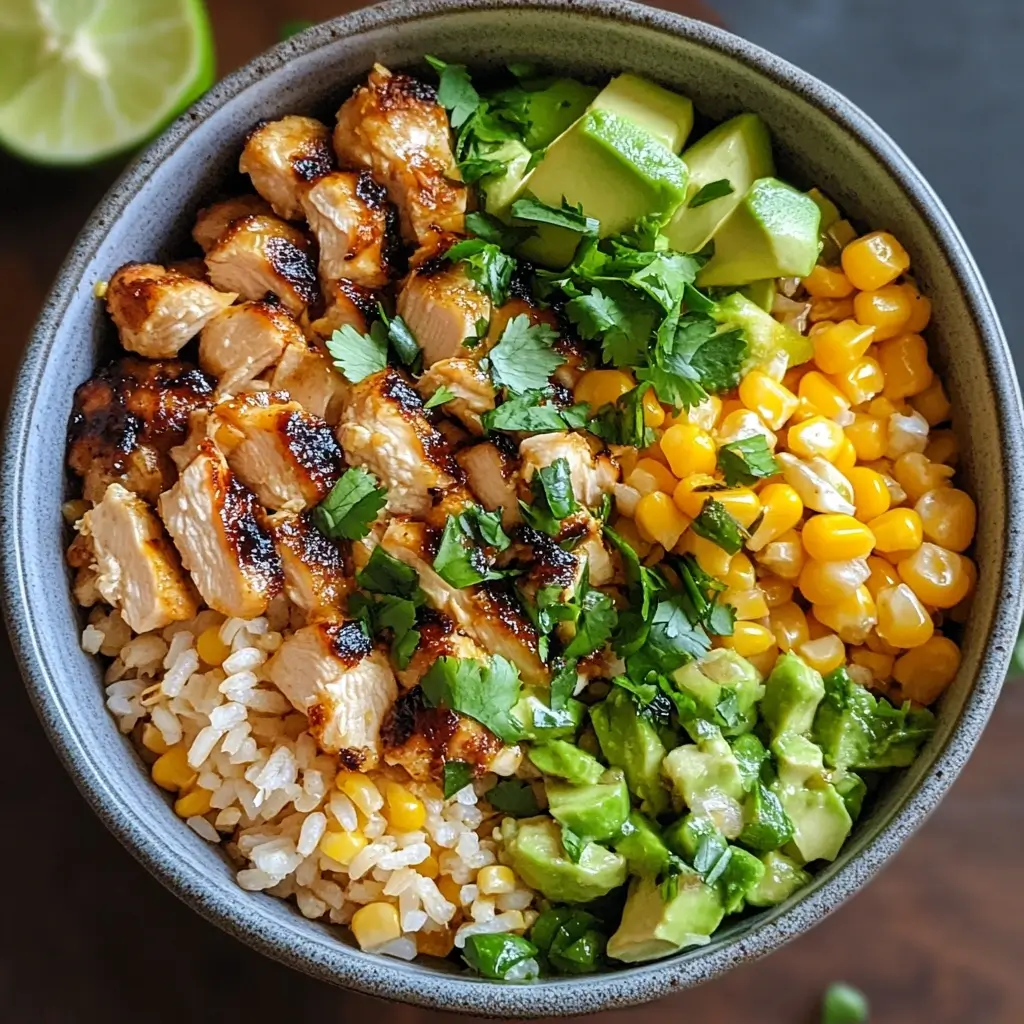 A hearty bowl with grilled chicken, roasted street corn, fluffy rice, and fresh toppings, finished with a creamy lime sauce.