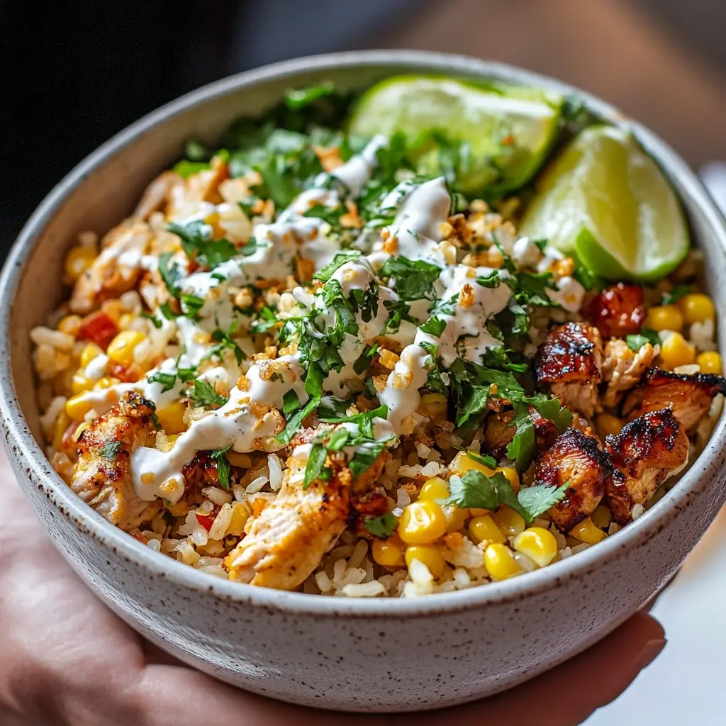 A vibrant bowl filled with grilled chicken, Mexican street corn, fluffy rice, fresh cilantro, and crumbled cheese, drizzled with a creamy sauce.