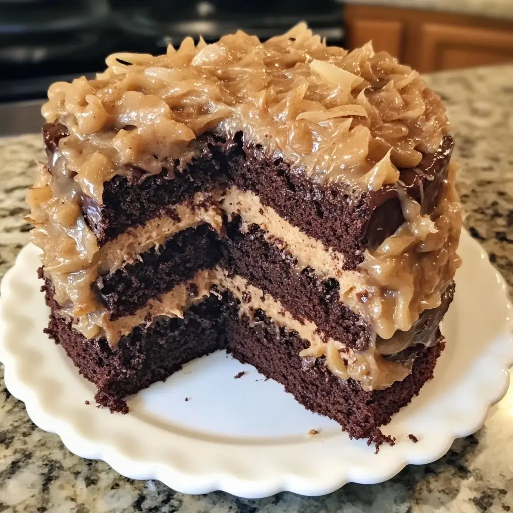 German Chocolate Cake with soft chocolate layers, creamy coconut-pecan frosting, and a sprinkle of toasted pecans.