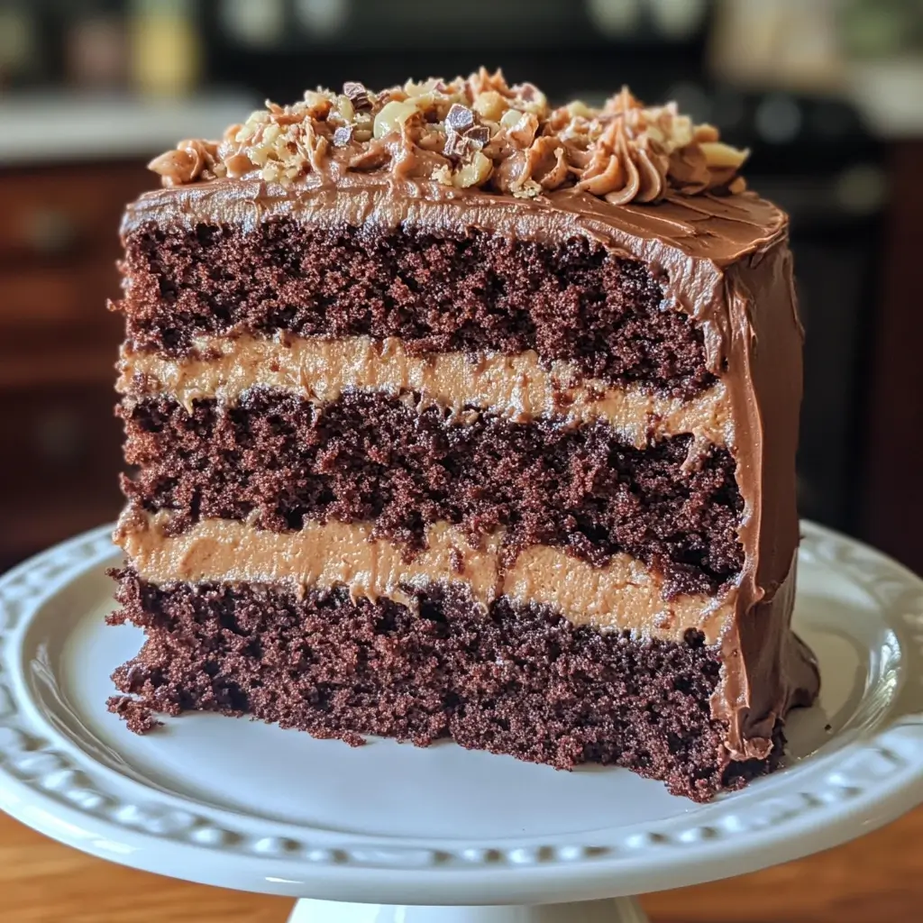 A delicious German Chocolate Cake with dark chocolate layers, creamy coconut-pecan frosting, and a sprinkle of toasted nuts.