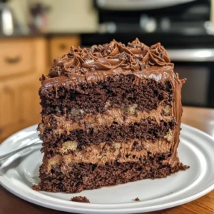 German Chocolate Cake with moist chocolate layers and creamy coconut-pecan frosting topped with toasted pecans.