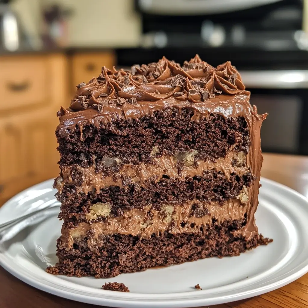 German Chocolate Cake with moist chocolate layers and creamy coconut-pecan frosting topped with toasted pecans.