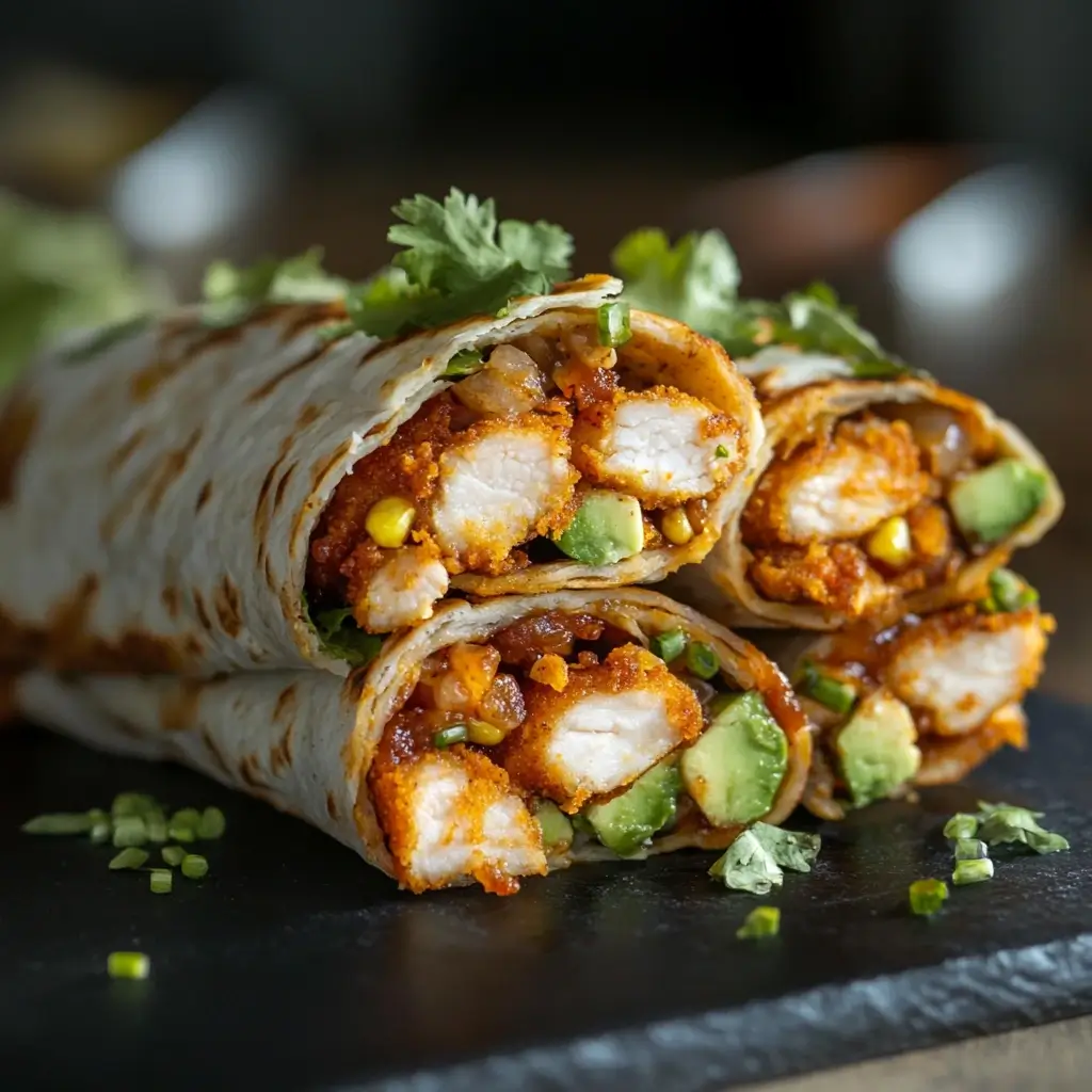Close-up of Folded Crispy Chipotle Chicken Wraps with golden tortillas, spicy chipotle chicken, melted cheese, fresh lettuce, avocado, and a side of lime wedges on a rustic wooden board.