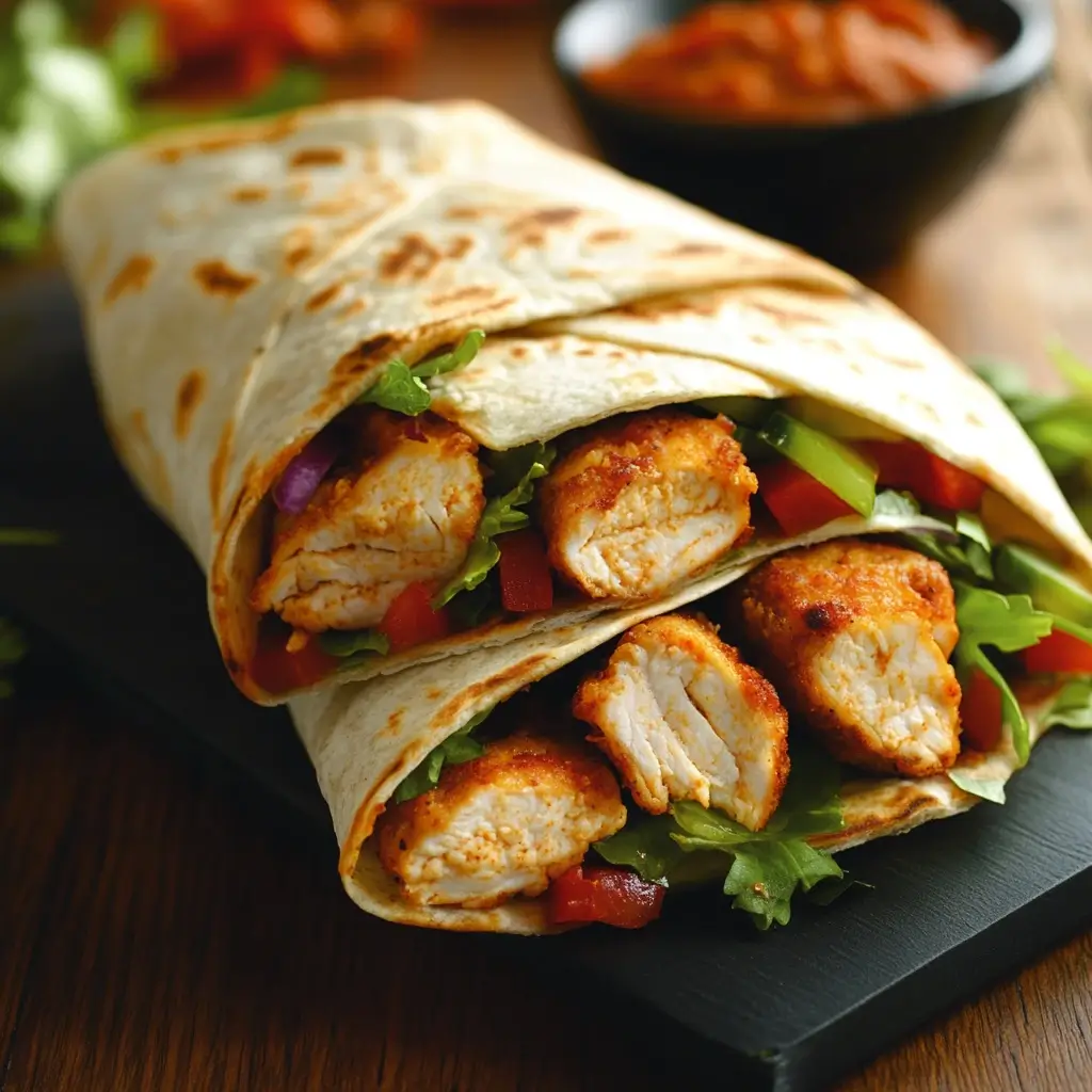 Close-up of Folded Crispy Chipotle Chicken Wraps with golden tortillas, spicy chipotle chicken, melted cheese, fresh lettuce, avocado, and a side of lime wedges on a rustic wooden board