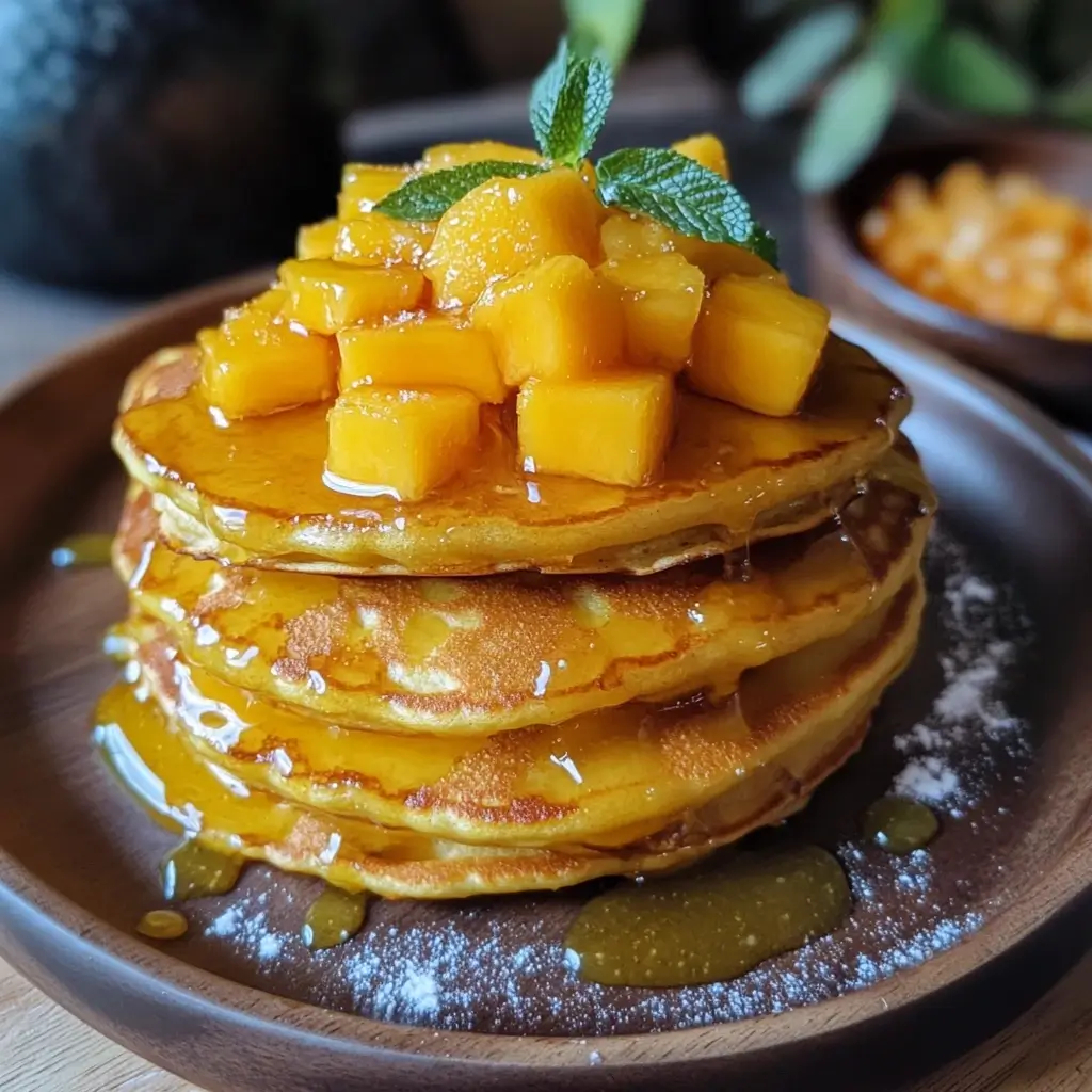 Step-by-step process of preparing mango pancakes, from mixing batter to adding mango slices.