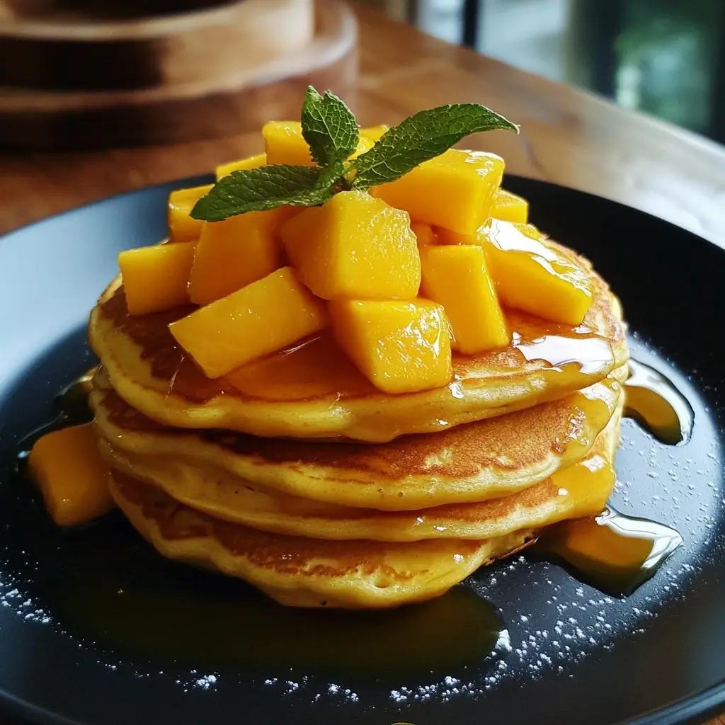 Close-up of a pancake stack with sliced mangoes and powdered sugar sprinkled on top.
