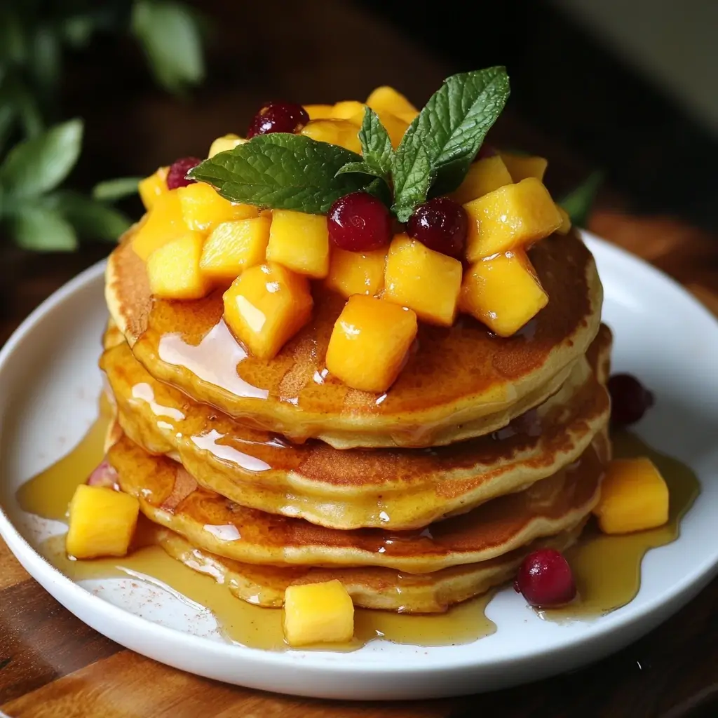 A plate of homemade mango pancakes served with fresh fruit salad and a glass of orange juice.