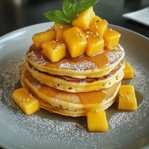 A stack of golden mango pancakes topped with fresh mango slices and drizzled with syrup.