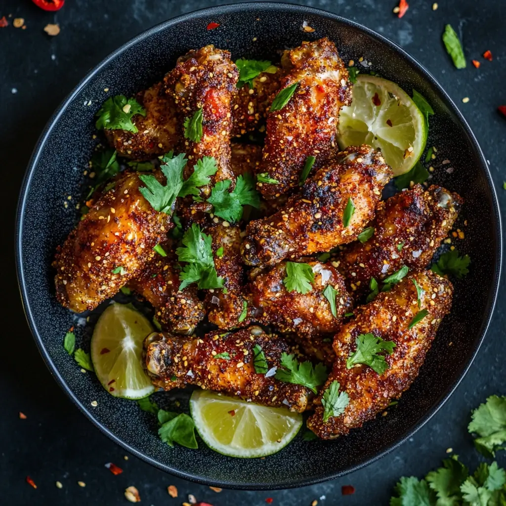 Golden, crispy chicken wings seasoned with a flavorful dry rub, arranged on a plate with dipping sauces and fresh veggies.