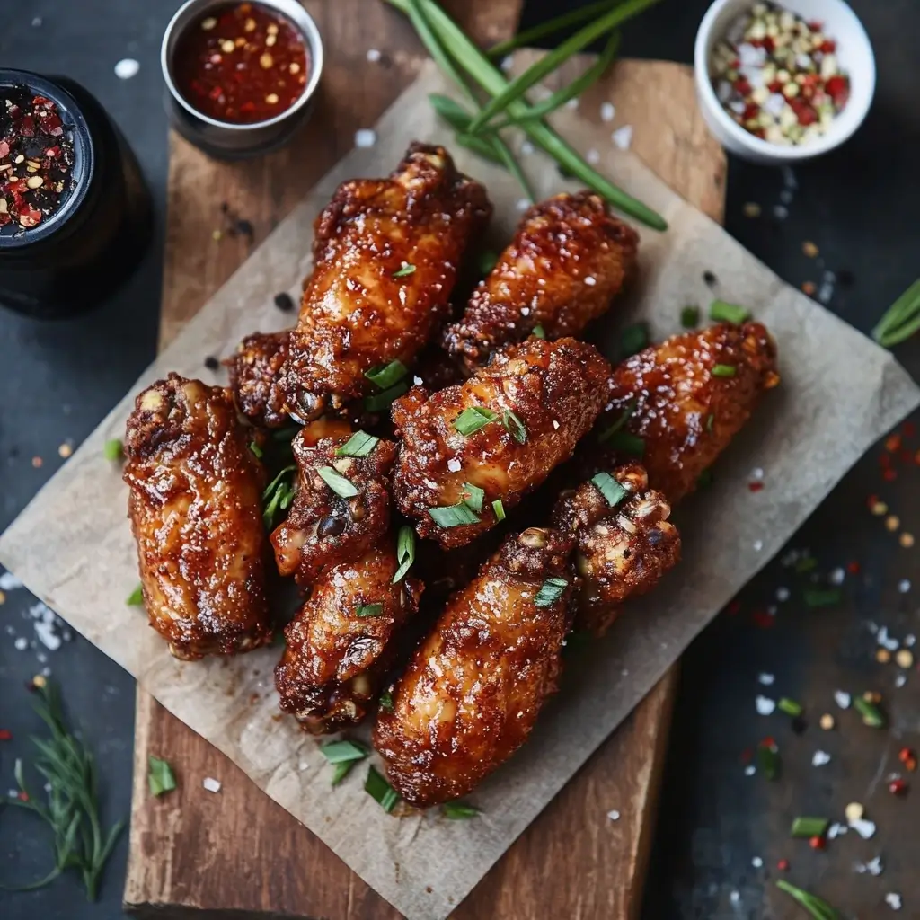 Crispy golden-brown chicken wings coated in a flavorful dry rub, served with dipping sauces and fresh celery sticks.
