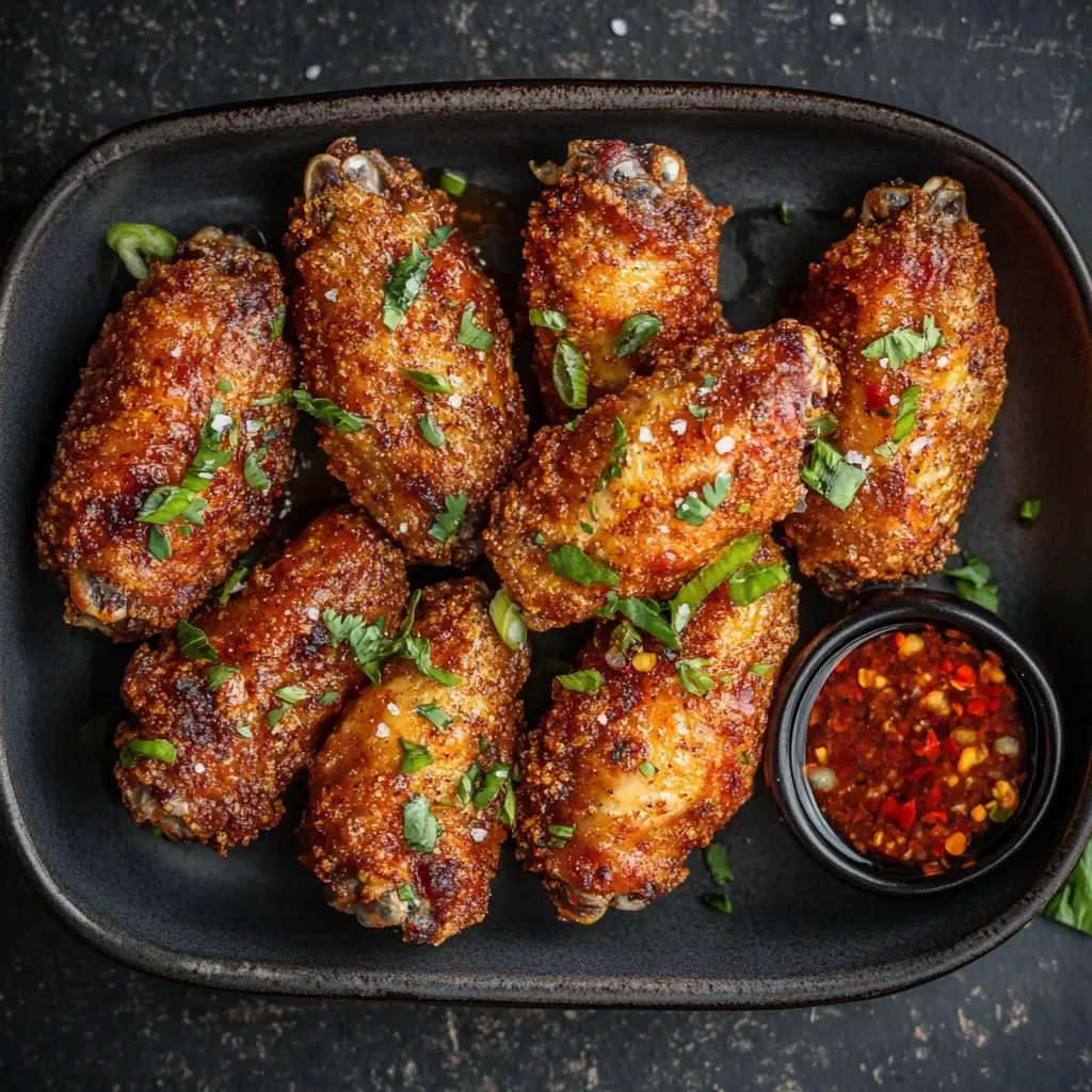 Golden-brown chicken wings seasoned with a flavorful dry rub, served on a plate with dipping sauces and fresh vegetables.