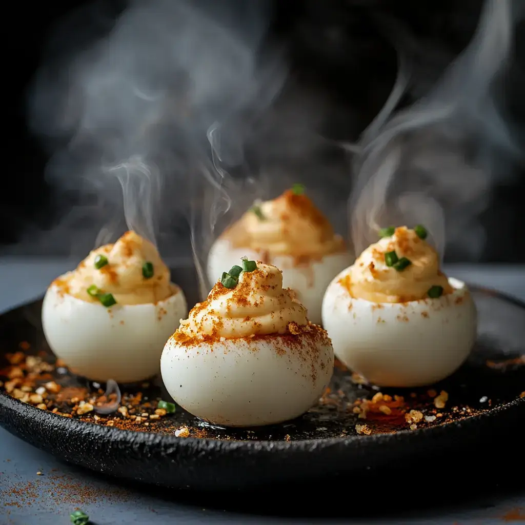 Smoked deviled eggs with a crispy, smoky exterior and creamy filling, garnished with chopped chives.