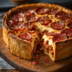 Deep Hamburger Sausage & Pepperoni Pie with layers of beef, sausage, and mozzarella cheese