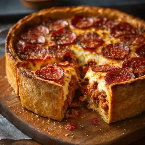 Deep Hamburger Sausage & Pepperoni Pie with layers of beef, sausage, and mozzarella cheese
